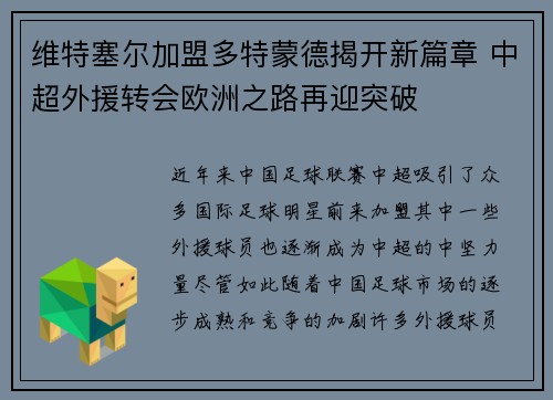 维特塞尔加盟多特蒙德揭开新篇章 中超外援转会欧洲之路再迎突破